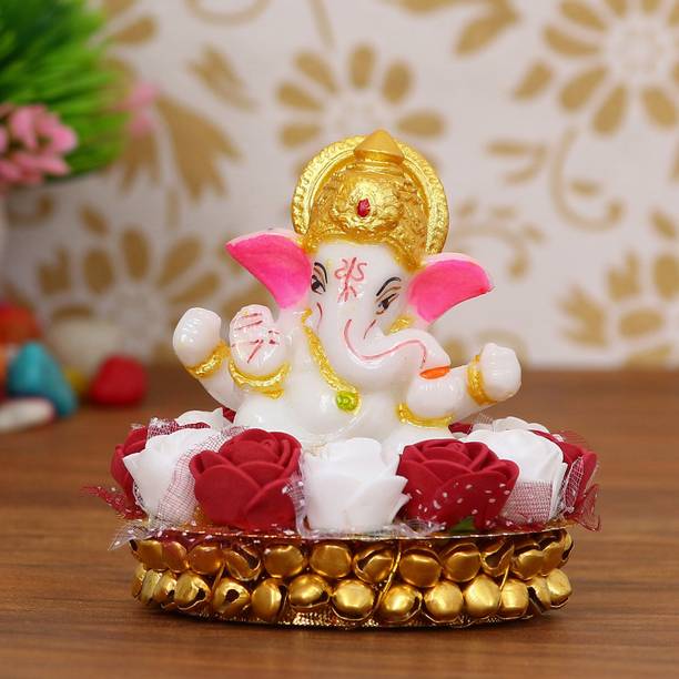 eCraftIndia Lord Ganesha Idol on Decorative Handcrafted Plate with Red and White Flowers Decorative Showpiece  -  8 cm