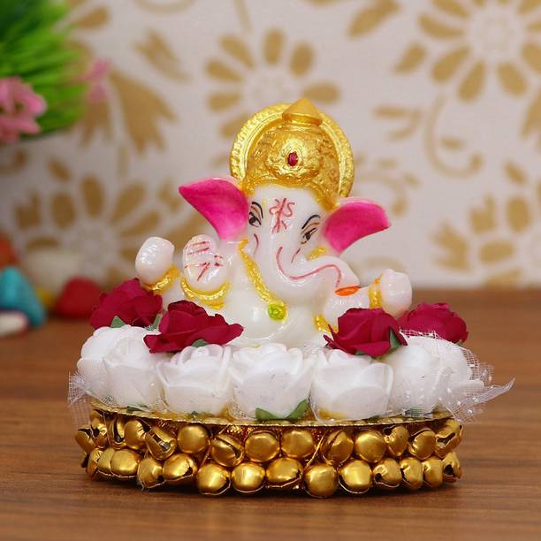 eCraftIndia Lord Ganesha Idol on Decorative Handcrafted Plate with White Flowers Decorative Showpiece  -  8 cm