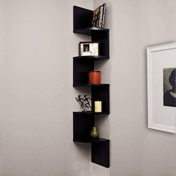 ANTIQUIEZ Zigzag Corner Wall Mount Shelf Racks and Shelves Wall Shelf/Book Shelf (Black) MDF (Medium Density Fiber) Wall Shelf