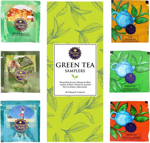 Karma Kettle Antioxidant rich and Immunity boosting Green Tea Sampler Box, 3 tea bags each 6 different Flavour, 18 Pyramid tea bags Hibiscus, Mixed Fruit, Rose, Peach, Jasmine, Tulsi Green Tea Box