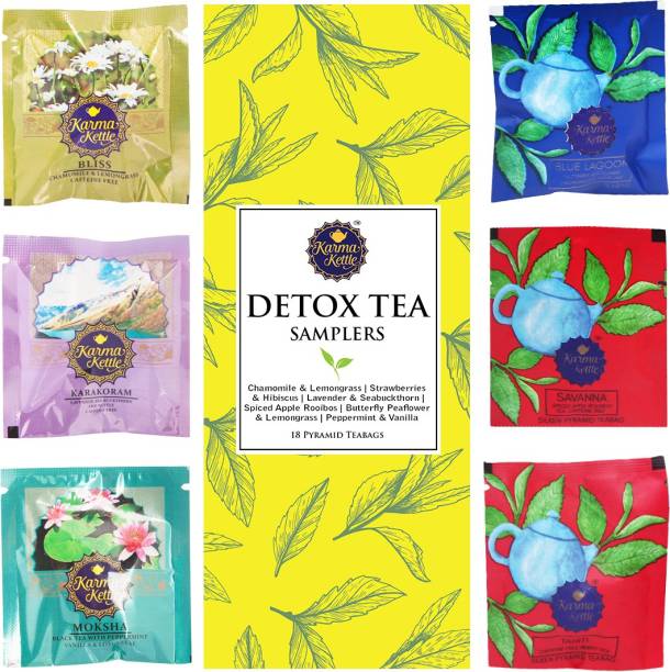 Karma Kettle Natural Detox and Caffeine Free Tea Sampler Box, 3 tea bags each 6 different Flavour, 18 Pyramid tea bags Hibiscus, Strawberry, Herbs, Vanilla, Lemon Grass Herbal Tea Box