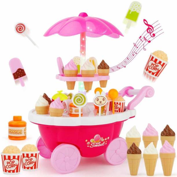 Jiggli Luxury Battery Operated Ice Cream Trolley Set for Kids Pretend Roll Play with Led Lights & Music Learning
