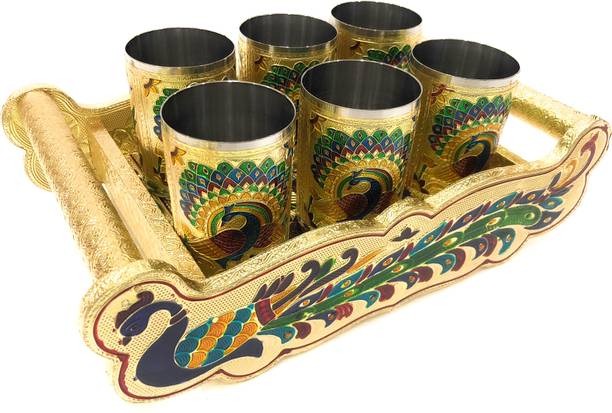 NAVRANG Lemon Set , Serving Glass Tray With Handle , Meenakari Tray , Wedding Gift Glass Tray Set