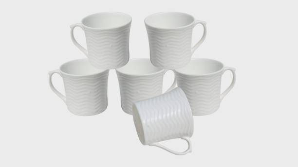 U.P.C. Pack of 6 Bone China Embossed Plain White Made Of Fine Bone China Ceramics, Tableware Kitchenware For Daily Use, Set Of 6 Cups