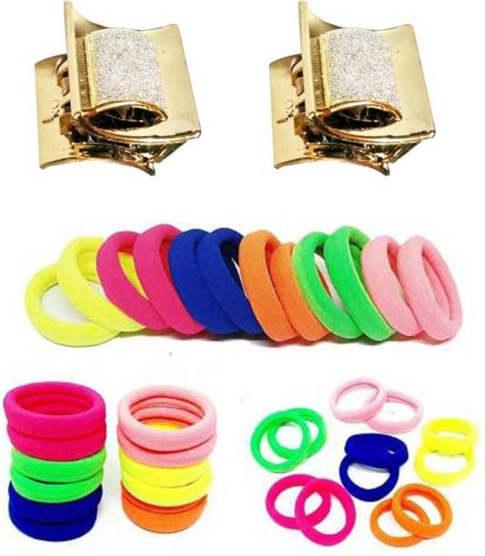 Janvii Elastic Stretch Hair Ties Bands (Multicolor, 30 Pcs) & Clutcher (2 Pcs) For Women/Girls Hair Accessory Set