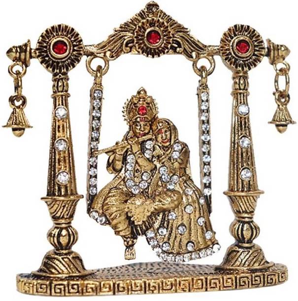 Love Kart Gold Plated With Stone Lord Radha Krishna Car Dashboard Idol God Krishan / Makhan Chor Handicraft Statue Décor Spiritual Puja Vastu Fegurine - Religious Murti Pooja Gift Item Decorative Showpiece - 8 cm (Brass, Gold) Decorative Showpiece  -  7.62 cm