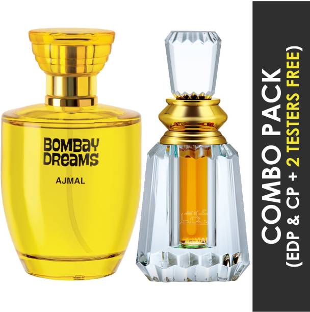 Ajmal Bombay Dreams EDP Floral Fruity Perfume 100ml for Women and Oudh Mukhallat Concentrated Perfume Oil Oriental Oudhy Alcohol- Attar 6ml for Unisex + 2 Parfum Testers