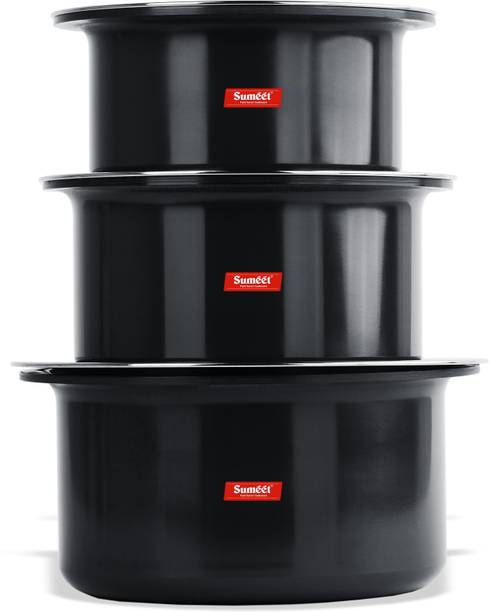 Sumeet 3mm Thick Hard Anodised Large Size Tope Set of 3Pc with S.S. Lid Size No.15 (3.50LTR), No. 16 (4.250 LTR), No. 17 (5 LTR) Cookware Set