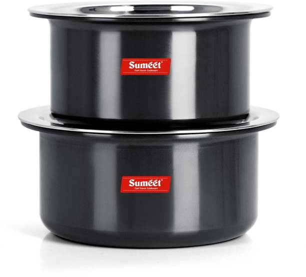 Sumeet 3mm Thick Hard Anodised Large Size Tope Set of 2 Pc with S.S. Lid Size No. 16 (4.250 LTR), No. 17 (5 LTR) Cookware Set