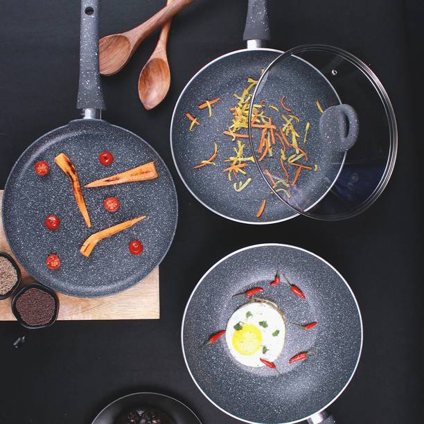 WONDERCHEF Granite Non-stick 4-piece Cookware Set(Fry Pan with Lid, Wok, Dosa Tawa), Induction bottom, Soft-touch handles, Virgin grade aluminium, PFOA/Heavy metals free, 3.5mm, 2 years warranty Induction Bottom Non-Stick Coated Cookware Set