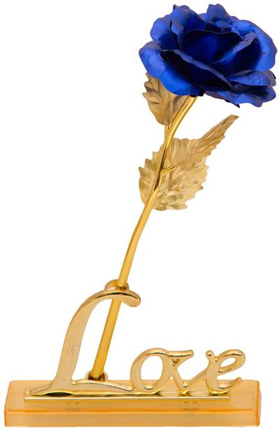 GIFTCITY Blue Rose With Love Stand Golden Artificial Flower | 24K Golden Blue Rose in Gift Box With Carry Bag Blue, Gold Rose Artificial Flower  with Pot