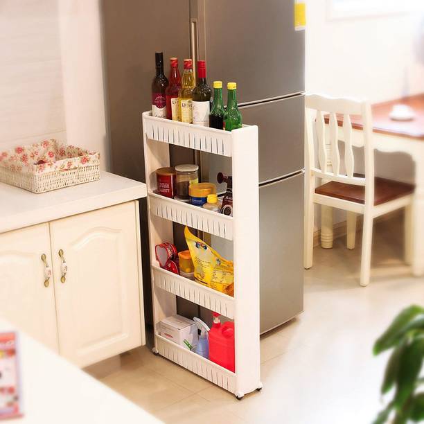 FLIPZON 4 Tier Slim Multipurpose Storage Rack - Space Saving Storage Organizer Rack Shelf with Wheels Plastic Kitchen Trolley