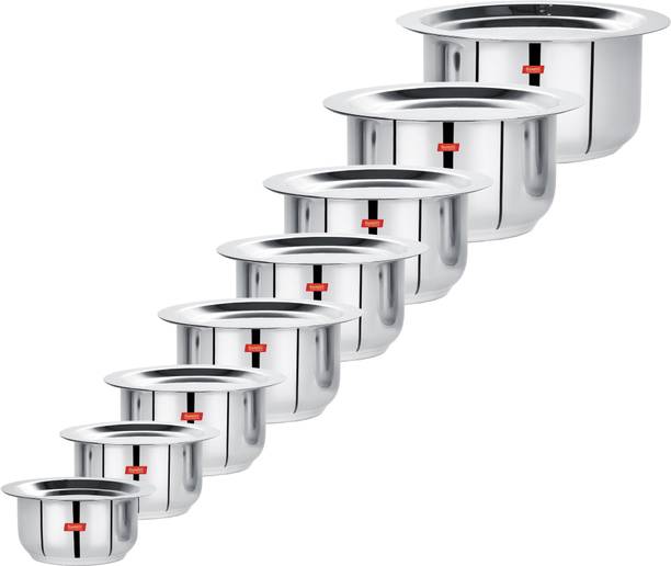 Sumeet Stainless Steel Mini to Big Size Flat Bottom Induction & Gas Stove Friendly Tope / Patila / Cookware Set of 8Pcs with Lids (370ML, 550ML, 800ML, 1100ML,1400ML, 1800ML, 2300ML, 3000ML) Induction Bottom Cookware Set