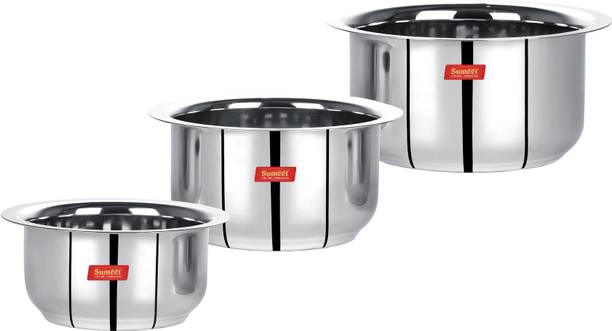 Sumeet Stainless Steel Mini Size Flat Bottom Induction & Gas Stove Friendly Tope / Patila / Cookware Set of 3Pcs (370ML, 550ML, 800ML) Induction Bottom Cookware Set