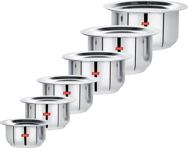 Sumeet Stainless Steel Mini to Big Size Flat Bottom Induction & Gas Stove Friendly Tope / Patila / Cookware Set of 6Pcs with Lids (370ML, 550ML, 800ML, 1100ML,1400ML, 1800ML) Induction Bottom Cookware Set