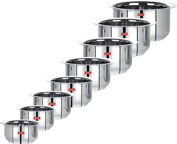 Sumeet Stainless Steel Mini to Big Size Flat Bottom Induction & Gas Stove Friendly Tope / Patila / Cookware Set of 8Pcs (370ML, 550ML, 800ML, 1100ML,1400ML, 1800ML, 2300ML, 3000ML) Induction Bottom Cookware Set