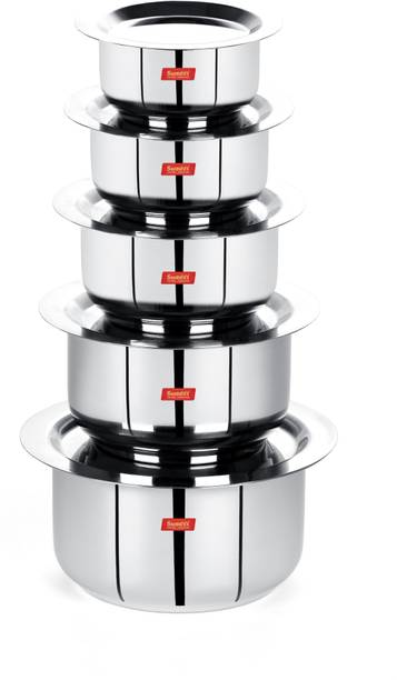 Sumeet Stainless Steel Mini to Med. Size Flat Bottom Induction & Gas Stove Friendly Tope / Patila / Cookware Set of 5Pcs with Lids (370ML, 550ML, 800ML, 1100ML,1400ML) Induction Bottom Cookware Set
