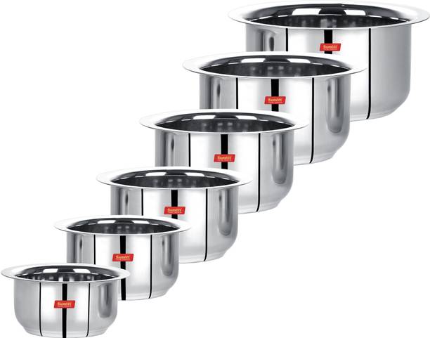 Sumeet Stainless Steel Mini to Big Size Flat Bottom Induction & Gas Stove Friendly Tope / Patila / Cookware Set of 6Pcs (370ML, 550ML, 800ML, 1100ML,1400ML, 1800ML) Induction Bottom Cookware Set