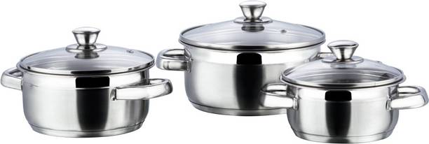 VINOD Stainless Steel Bremen Saucepot with Glass Lid - 3 Pcs इंडक्शन बॉटम कुकवेयर सेट