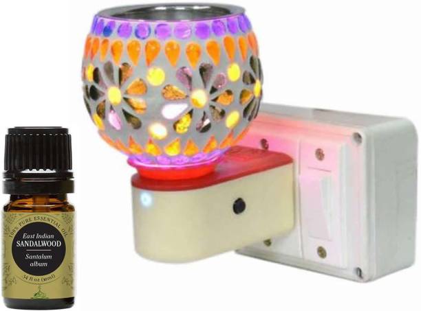 CraftQua Sandalwood Diffuser Set Electric Glossy Ceramic Aroma Oil Diffuser/Kapoor Dani/ Camphor Burner with Switch (in-Built On/Off Button for Heating) Hand-Crafted Incense Burner for Home, Office, Temple, Positive Energy and Ambiance with Sandalwood Aroma Oil 10ml (Exclusive Pack)