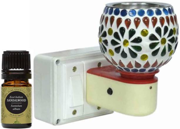 FStyler Sandalwood Diffuser Set Electric Glossy Ceramic Aroma Oil Diffuser/Kapoor Dani/ Camphor Burner with Switch (in-Built On/Off Button for Heating) Hand-Crafted Incense Burner for Home, Office, Temple, Positive Energy and Ambiance with Sandalwood Aroma Oil-10ml