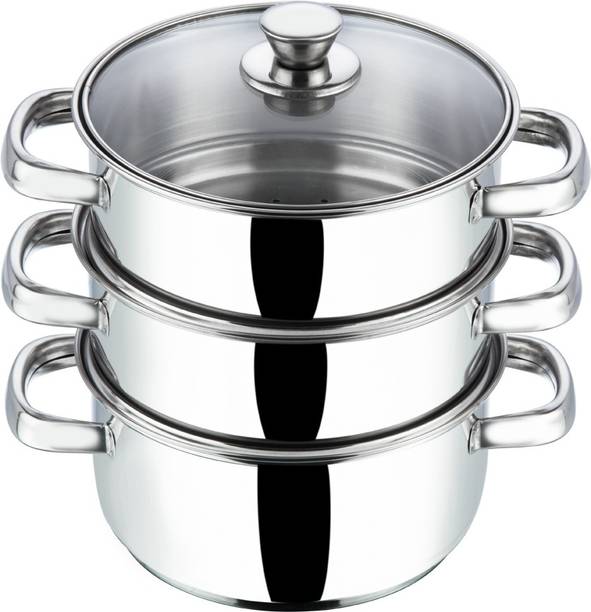 VINOD Stainless Steel Steamer 3 Tier with Glass Lid 20 cm,2.5 mm,Momos,Modak Maker Stainless Steel Steamer