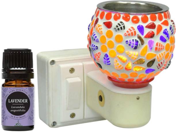 FStyler Lavender Diffuser Set Electric Glossy Ceramic Aroma Oil Diffuser/Kapoor Dani/ Camhor Burner with Switch (in-Built On/Off Button for Heating) Hand-Crafted Incense Burner for Home, Office, Temple, Positive Energy and Ambiance with Lavender Aroma Oil 10ml