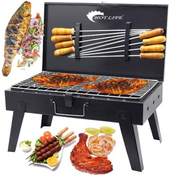 HOT LIFE Folding(Device)BriefcaseMetalBarbeque,8WoodenHandleSkewers,1IronGrill Charcoal Grill
