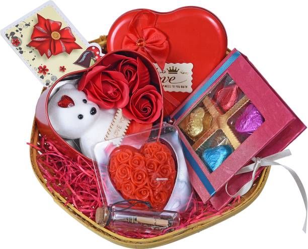 MANTOUSS Valentines Day Gift for Girlfriend/Boyfriend/Husband/Wife/Fiance-Beautiful Basket+Chocolates in a Decorated Box+3pc Roses and Teddy Bear in Heart Box+Message Bottle+Heart Shaped Candle+Card Assorted Gift Box