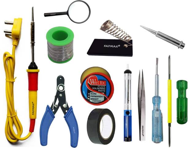 FADMAN Basic Complete Part Type-12 Soldering Iron Kit | Wire Cutter | Stand | Solder Wire | Tweezer | Soldering Flux | Soldering Bit | Tester| Desoldering Pump | Magnifying Glass | Electric Tape | 2IN1 Screw Driver | Soldering Iron 25 W Simple