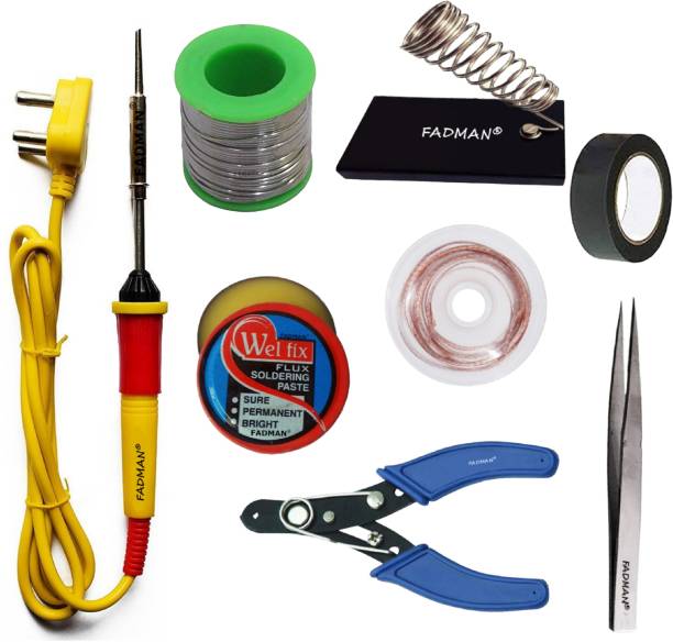 FADMAN Basic Complete Part Type-8 Soldering Iron Kit | Wire Cutter | Stand | Solder Wire | Tweezer | Soldering Flux | Desoldering Wick | Electric Tape | Soldering Iron 25 W Simple
