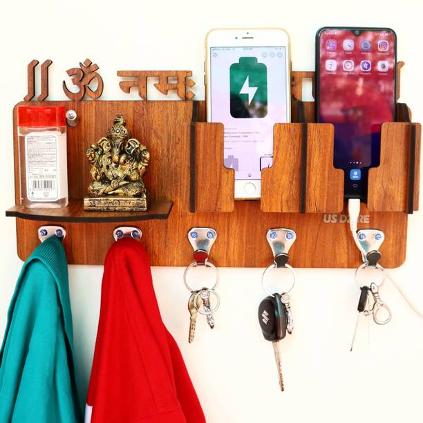 US DZIRE 815 Om Namah Shivay Entry organizer For Watch Wallet Purse Wooden Handcrafted Decorative Showpiece Shelves Wall Mount Mobile Charging Holder, Cloth Hanger, Wooden Wall Shelf