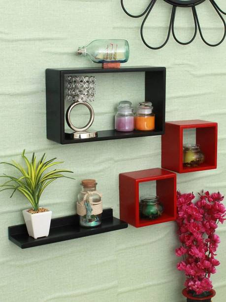 DS SHOPPEE Beautiful Wooden Rafuf and Rectangle Floating Wall Shelf Set of 4 (Red & Black) MDF (Medium Density Fiber) Wall Shelf
