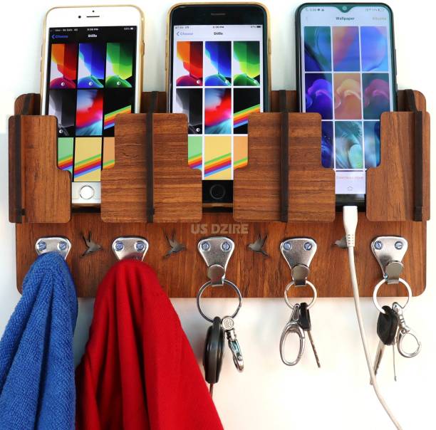 US DZIRE ™ 808 Wall Mount Wooden Multi-Functional Clothes & Key Hanger, Mobile Charging Wall Stand Suitable Living Room, Bedroom, Kitchen, Home & Office Wooden Wall Shelf