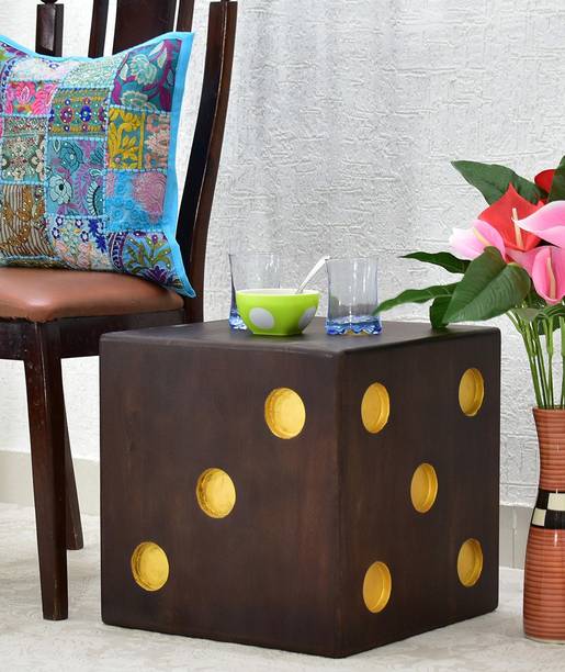 SamDecors Solid Wood 16"x16"x16" Cube/Dice Side Bar Table With Yellow Holes To Keep Glasses (Lacquer Finish, Dark Walnut) Solid Wood Side Table