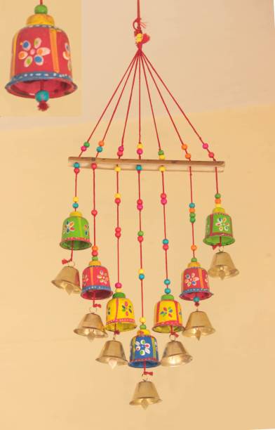 Paheli Craft Bells On Wooden Stick 7 Bell Showpiece Decorative Door Wall Window Hanging Bells Toran (8 X 2 X 20 inch) Decorative Showpiece  -  50 cm