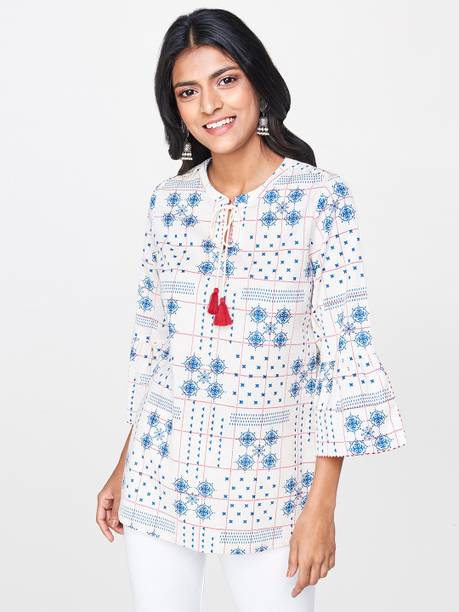 Casual Bell Sleeves Printed Women Beige Top