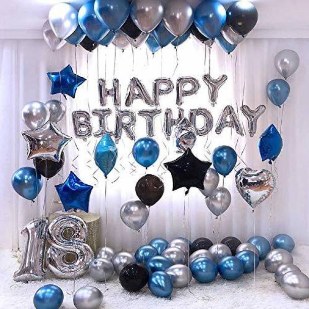 Rozi Decoration Solid Birthday Combo Pack Happy Birthday Silver Foil Balloons 13 Letters Set + Metallic Round Balloon (Black, Blue, Silver) 30 Balloons+ 13 Letters Balloon