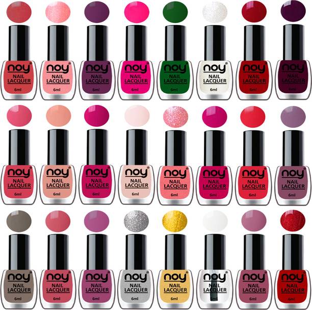 NOY Shine Nail Paint Polish Combo Set of 24 in Wholesale Price Multicolor Bulk Rate Nail Lacquer Combo No-01 मॉव,लाल, पीच, न्यूड, मैजेंटा , बैंगनी, सिल्वर, गोल्डन, टॉप कोट और भी बहुत