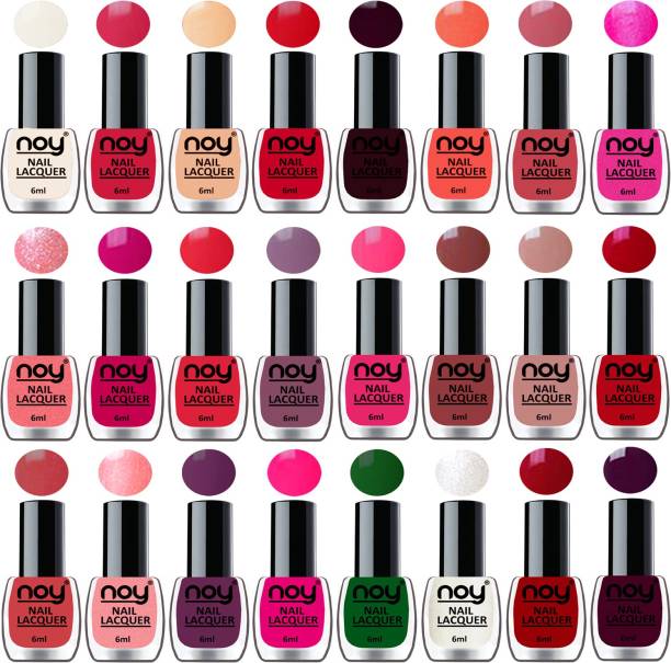 NOY Shine Nail Paint Polish Combo Set of 24 in Wholesale Price Multicolor Bulk Rate Nail Lacquer Combo No-02 Red,Nude,Peach,Pearly white,Pink,Brick Red,Purple,Peach and Many More