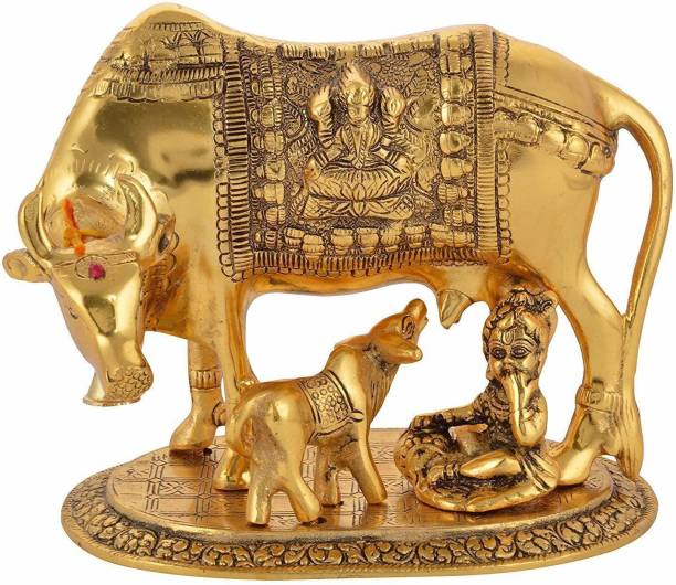 Chhariya Crafts Metal Krishna With Religious Kamdhenu Cow with Calf Handmade Handicraft for Home Decor Gift Item Decorative Showpiece  -  14 cm