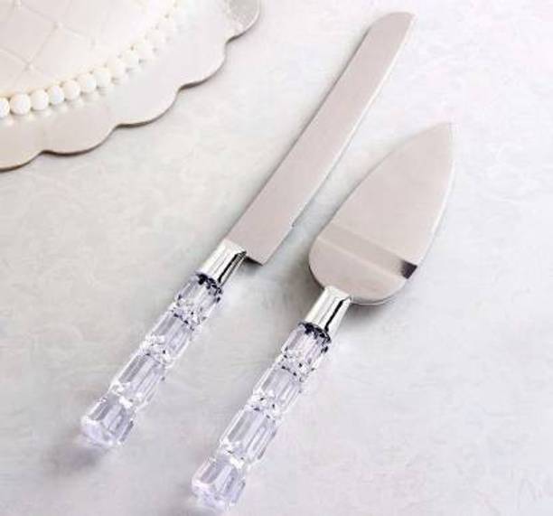 DHARAM ENTERPRISE Stainless Steel Cake Serving Set - 1 PC Cake Cutting Knife + 1 PC Cake Server Cake Décor with Crystal Handles for Weddings, Birthdays, Cakes, Gifts Stainless Steel Cake Server