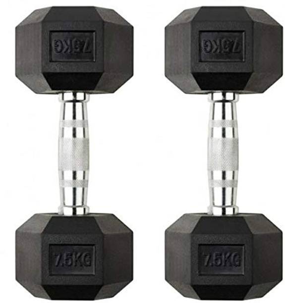 Gyan Silk Hex Dumbbell, 7.5 kgs, Pack of 2, Rubber Coated Fixed Weight Dumbbell