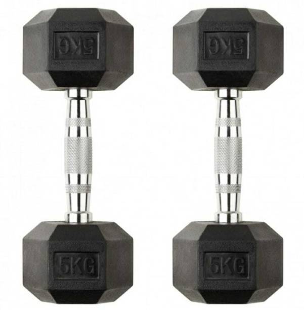 Gyan Silk Hex Dumbbell, 5 kgs, Pack of 2, Rubber Coated Fixed Weight Dumbbell