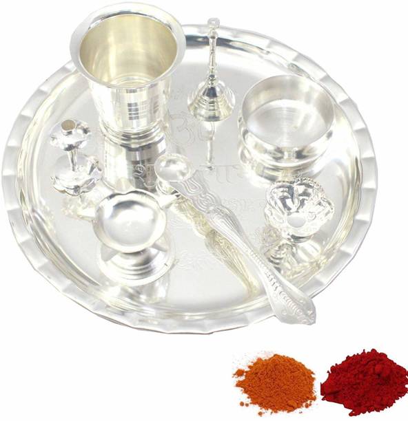 BENGALEN Silver Plated Pooja thali Set 8 Inch Ethnic Puja Thali Wedding Return Gift Items Silver Plated