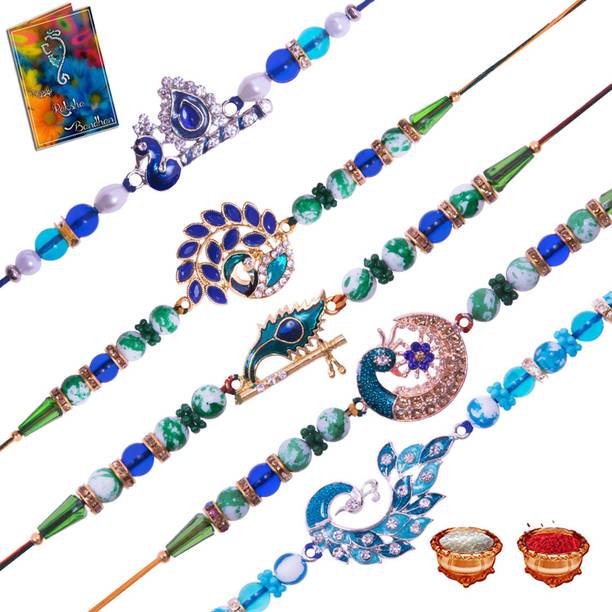 Elegaci Gifts Designer RT-RU-RW-RX-VA Mauli Thread Rakhi, Greeting Card  Set