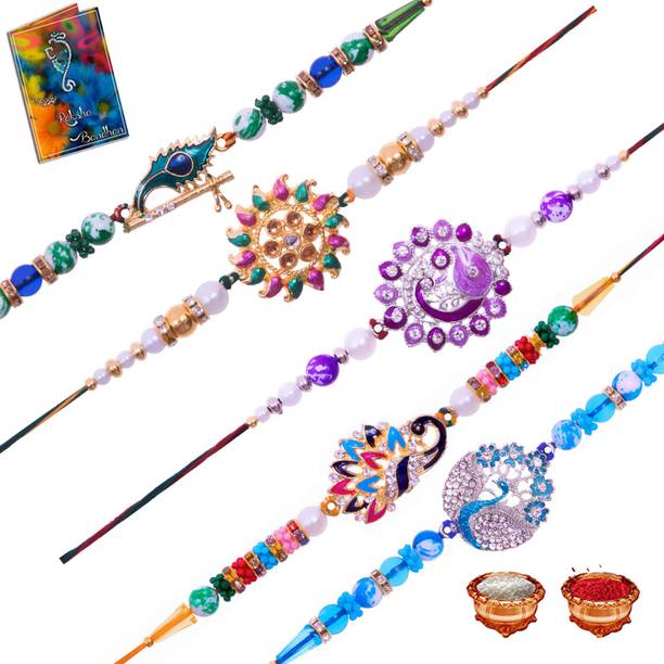 Elegaci Gifts Designer RA-RB-RC-RD-RW Mauli Thread Rakhi, Greeting Card  Set