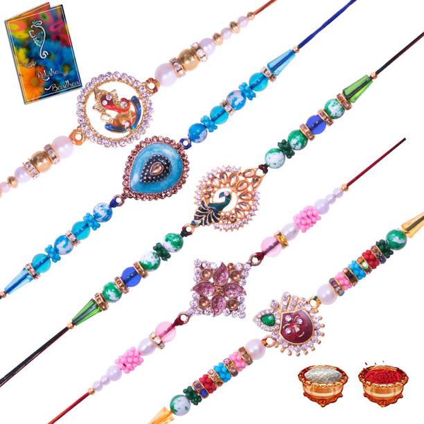 Elegaci Gifts Designer RJ-RK-RL-RM-RO Mauli Thread Rakhi, Greeting Card  Set