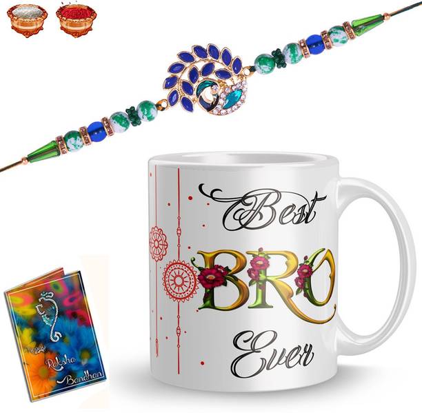 Elegaci Gifts Designer E-R-115-RX Mauli Thread Chawal Roli Pack, Rakhi, Greeting Card, Mug  Set