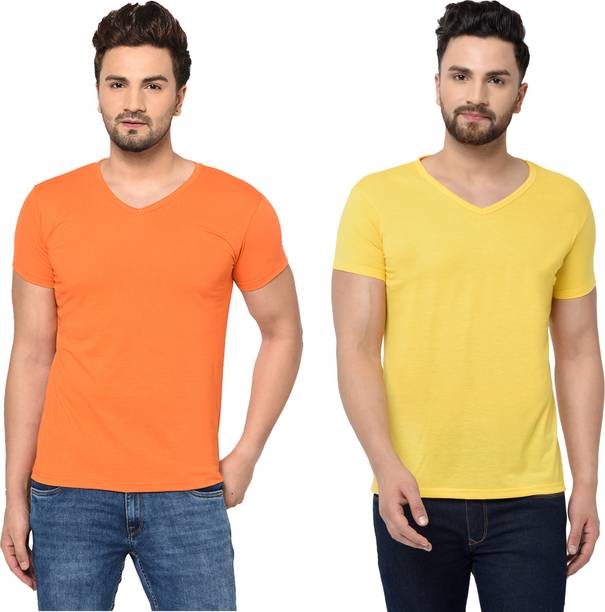 Pack of 2 Men Solid V Neck Cotton Blend Orange, Yellow T-Shirt